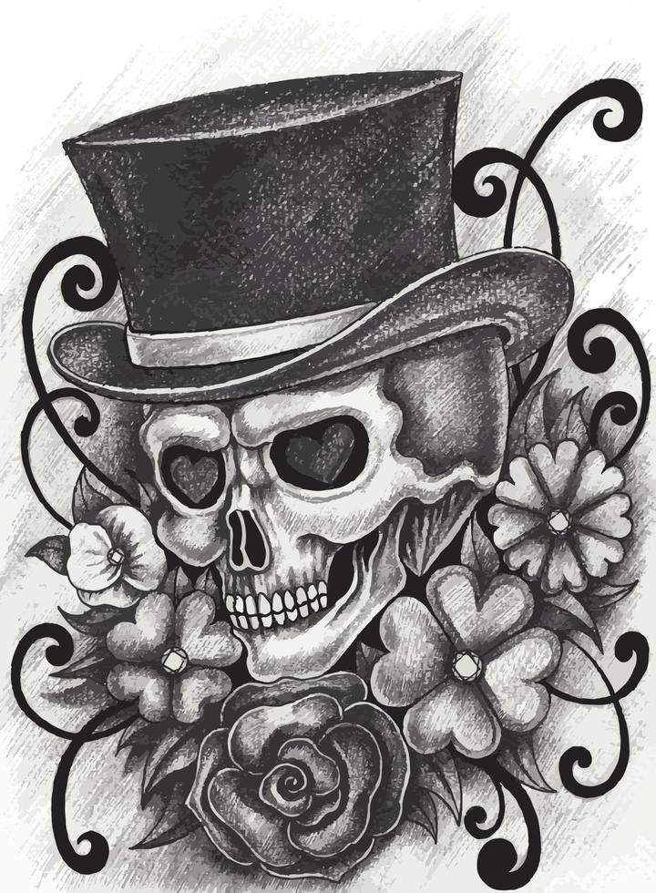 Art fancy genterman skull day of the dead. Hand drawing and make graphic vector. vector