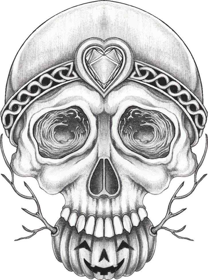 Art surreal pumpkin mix skull. Hand drawing and make graphic vector. vector