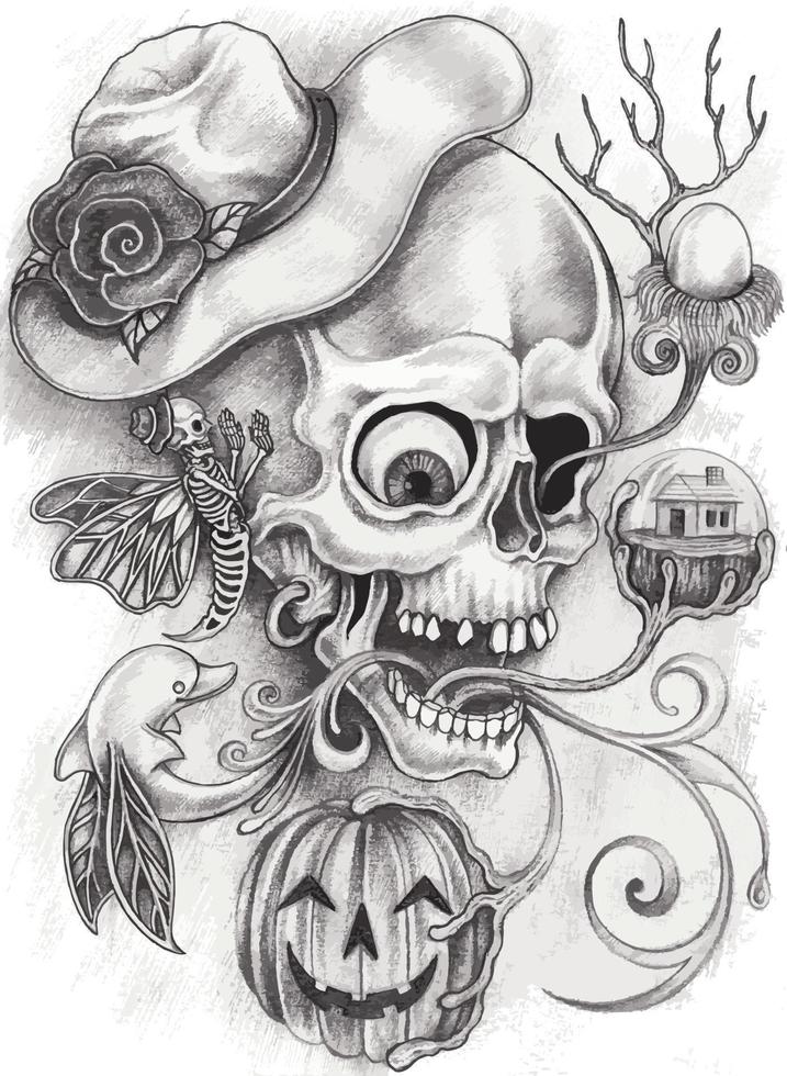 Art fantasy surreal skull. Hand drawing and make graphic vector. vector