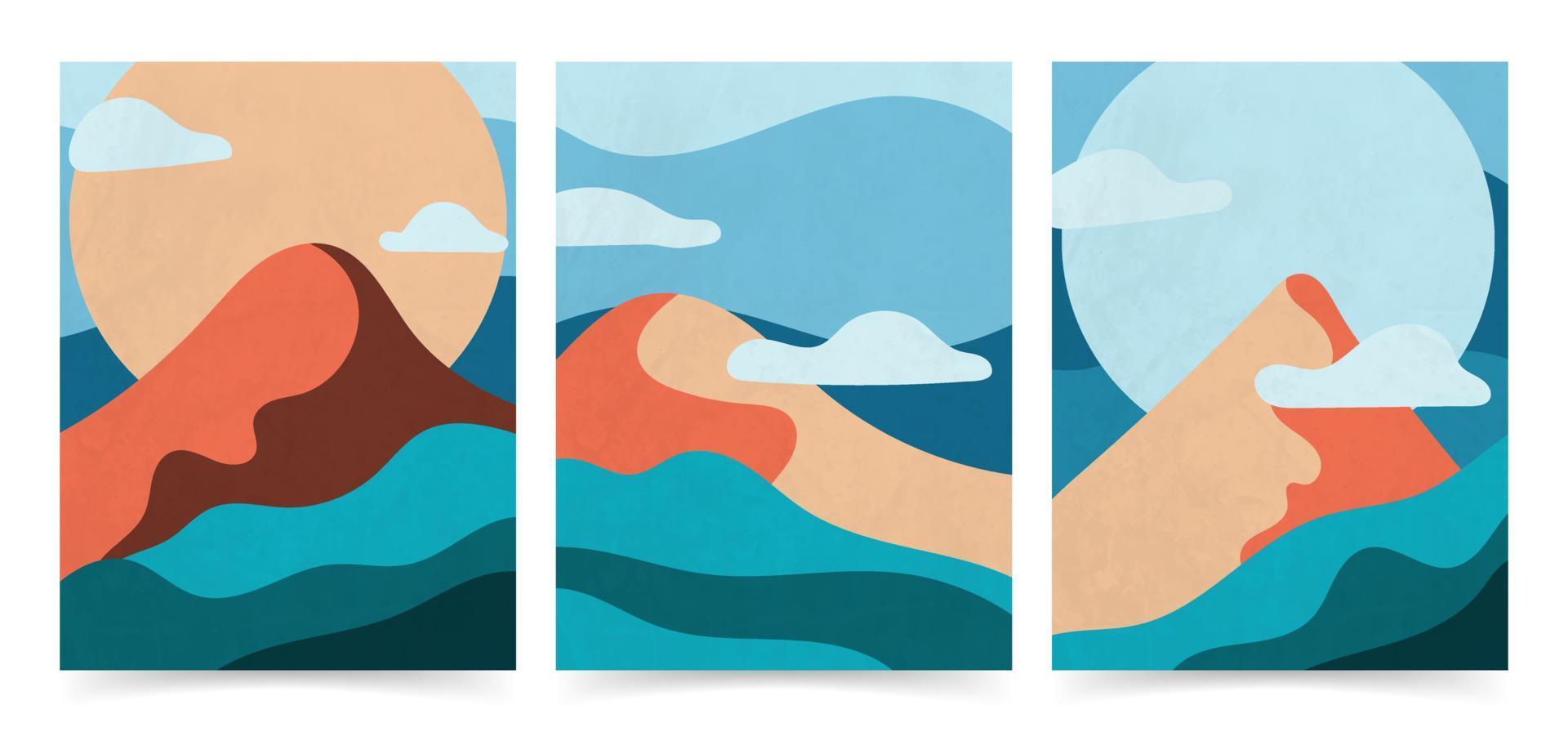 diseño de cartel de paisaje abstracto moderno con adorno de onda. plantilla de textura de fondo de arte de naturaleza. carteles de guardería imprimibles con paisaje de bosque de montaña. libro de tapa con estilo vector