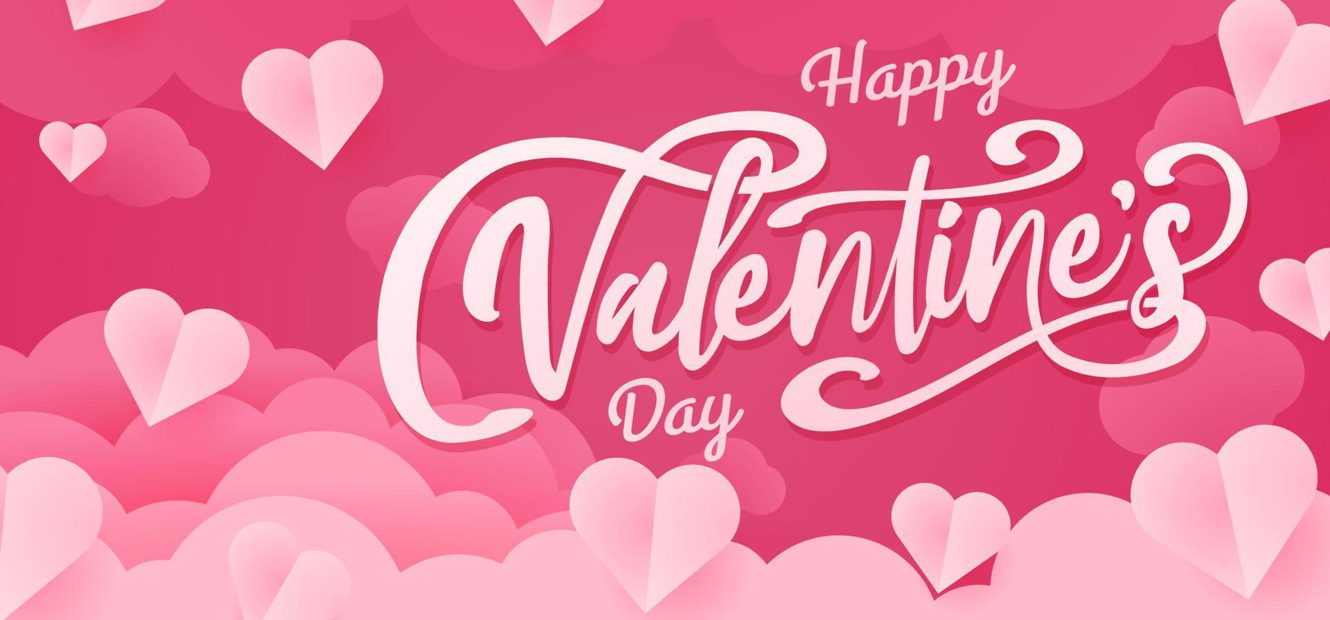 Happy Valentine's day poster banner design. paper cut clouds and heart on pink background. Papercut style for valentine sale header vector