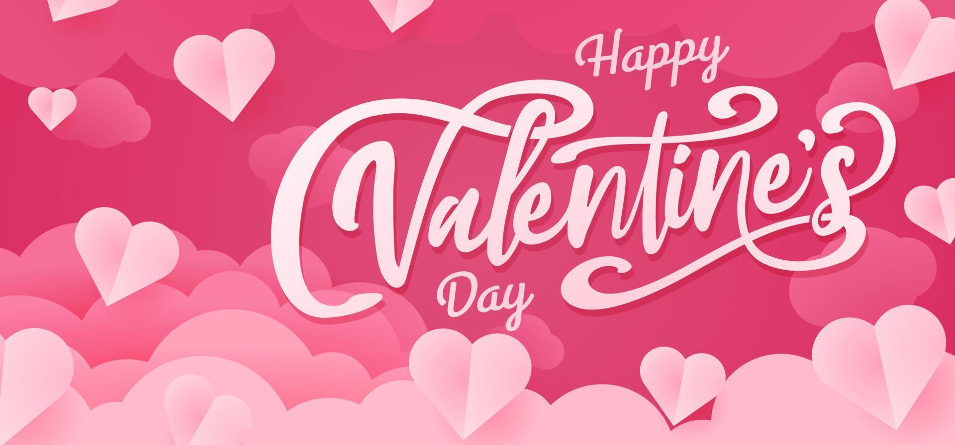 feliz día de san valentín diseño de pancartas. nubes cortadas en papel y corazón sobre fondo rosa. estilo de corte de papel para el encabezado de venta de san valentín vector