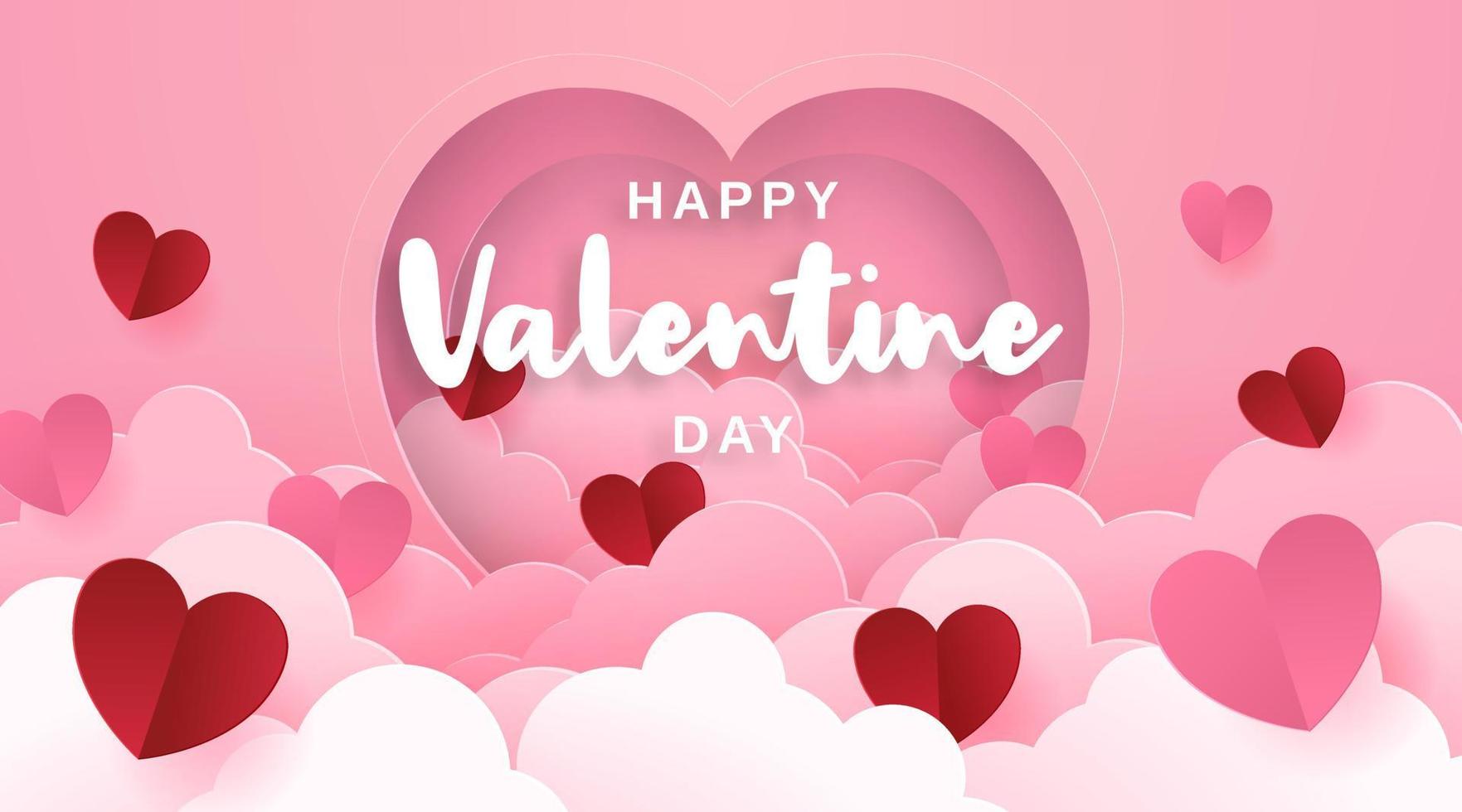 feliz día de san valentín diseño de pancartas. nubes cortadas en papel y corazón sobre fondo rosa. estilo de corte de papel para el encabezado de venta de san valentín vector