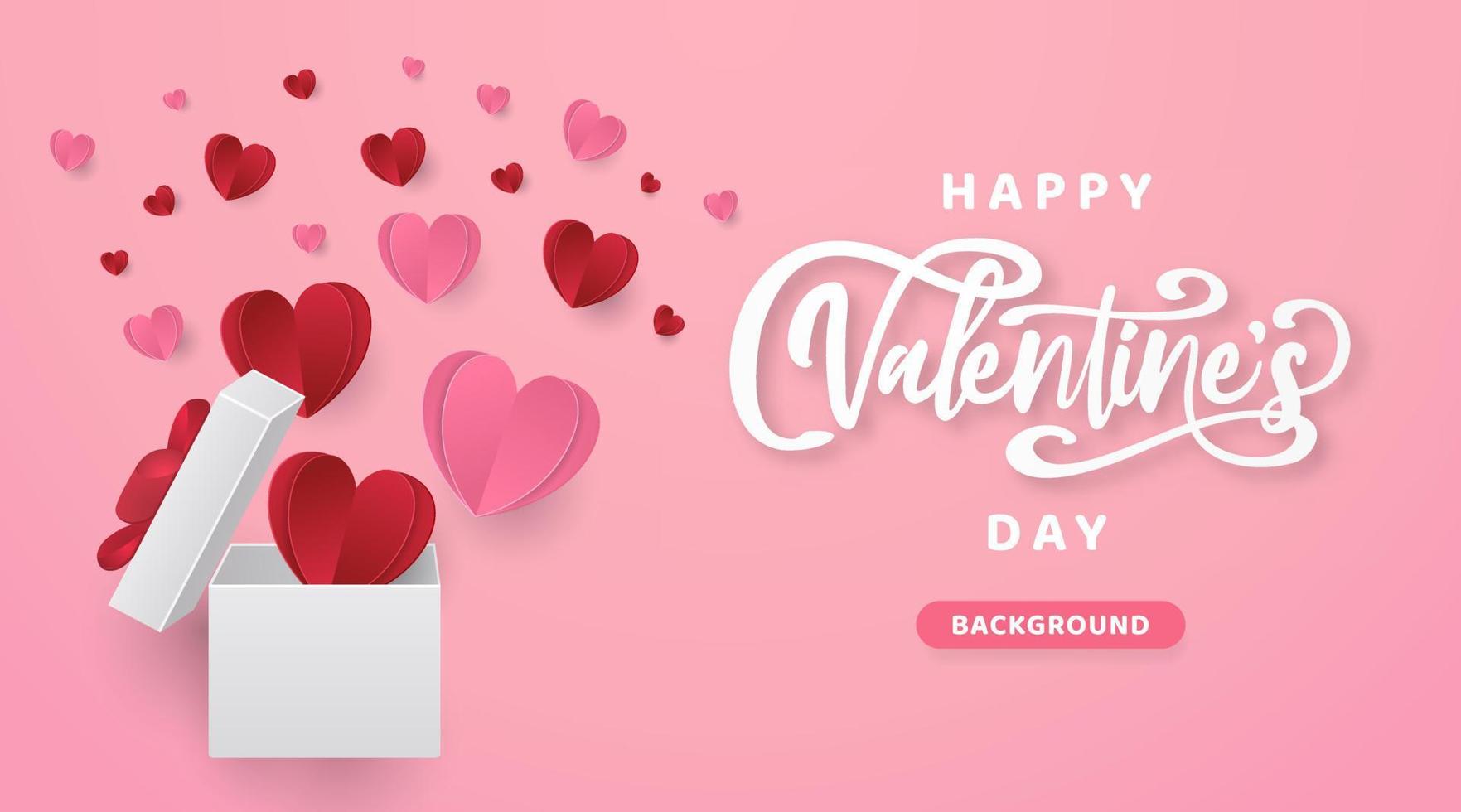 diseño de feliz día de san valentín. caja de regalo abierta. banner de vacaciones, póster web, folleto, folleto, tarjeta de felicitación, portada. fondo romántico. estilo de corte de papel vector