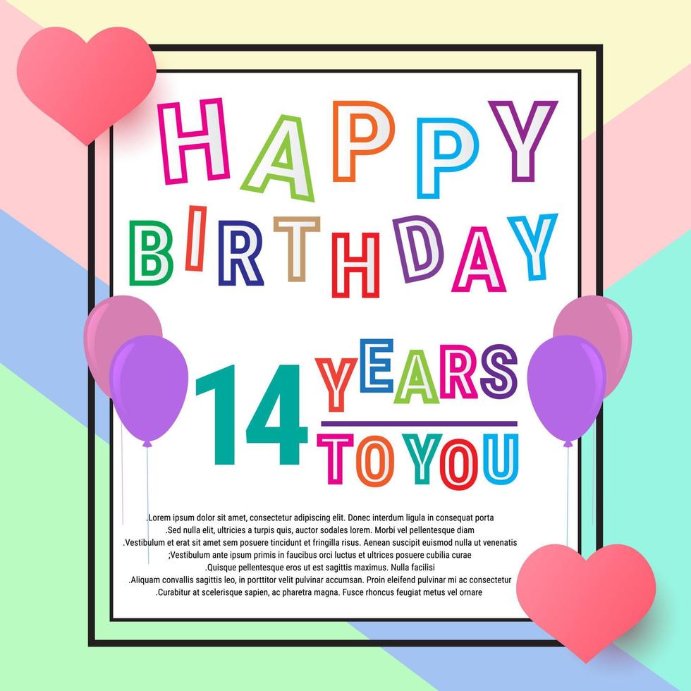 feliz cumpleaños 14 años, tarjeta de felicitación de aniversario, globos y amor. escritura y fondo coloridos lindos. eps10 vector