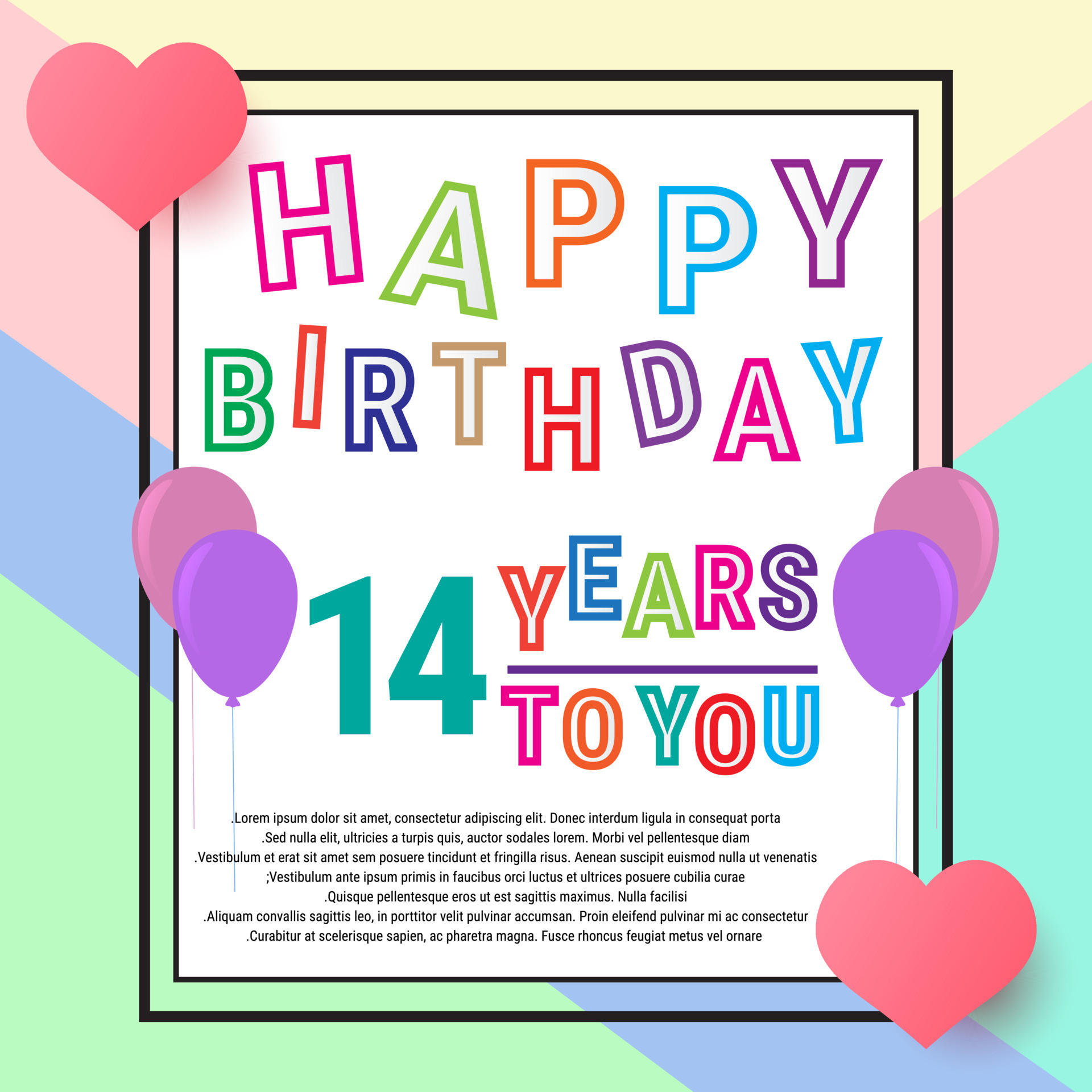 Happy Birthday 14 years, anniversary greeting card, balloons and love. Cute  colorful writing and background. eps10 17080251 Vector Art at Vecteezy