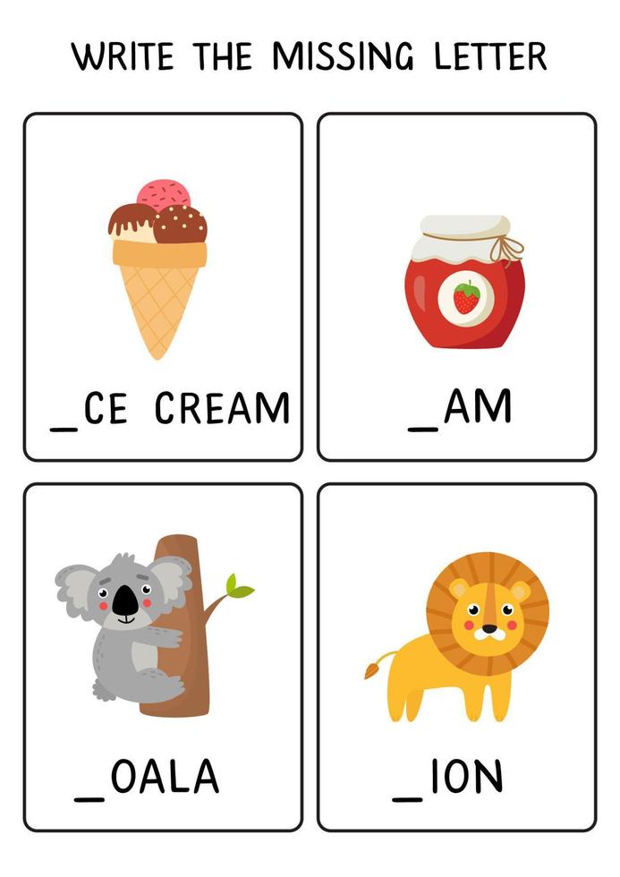Write the missing letter. Abc worksheet for preschoolers. vector