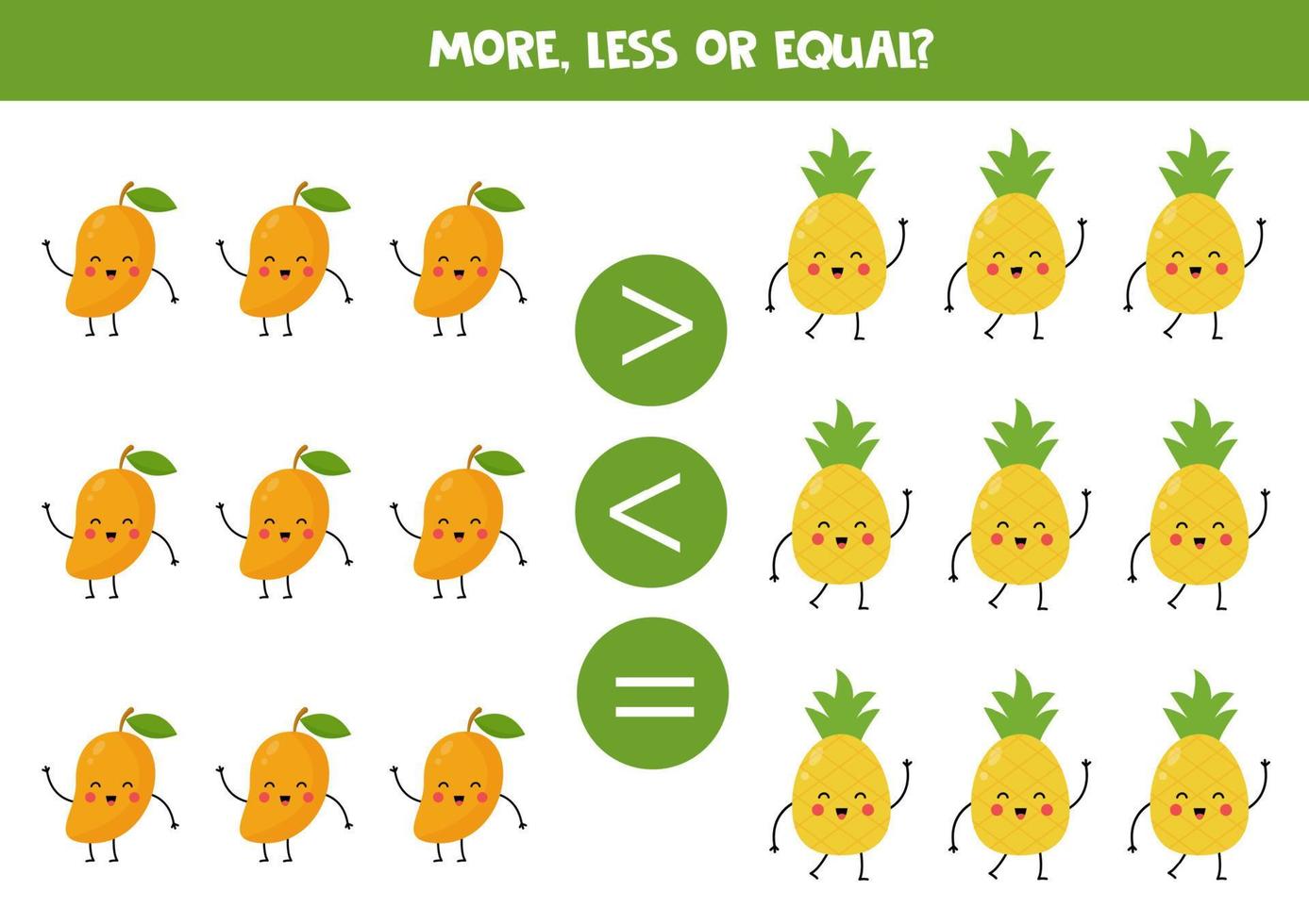 More, less or equal with cute cartoon mango and pineapple. vector