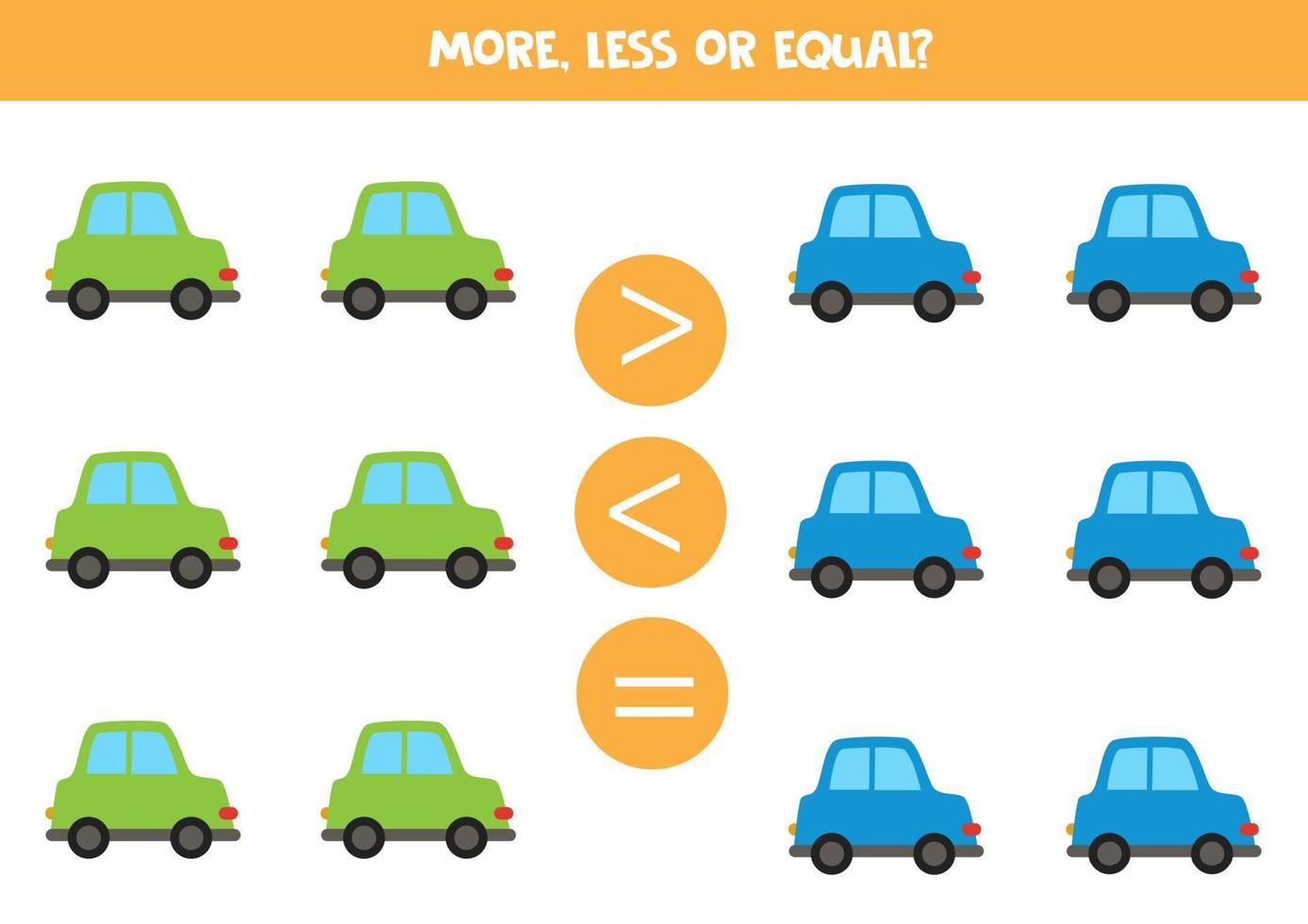 More, less or equal with cute cartoon cars. vector