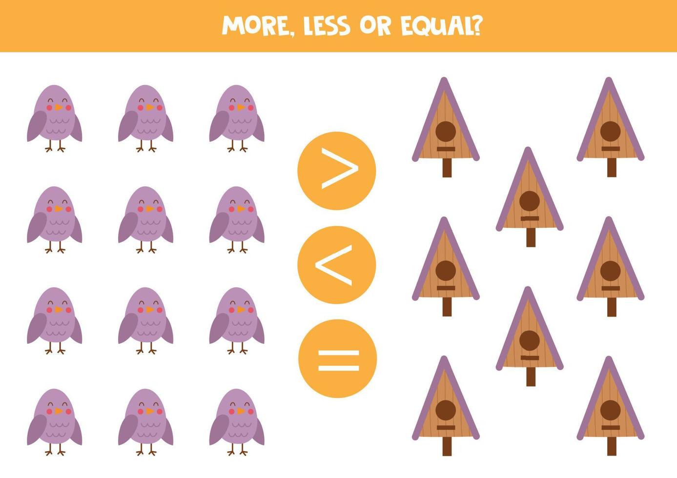 More, less or equal with cute cartoon birds and birdhouses. vector