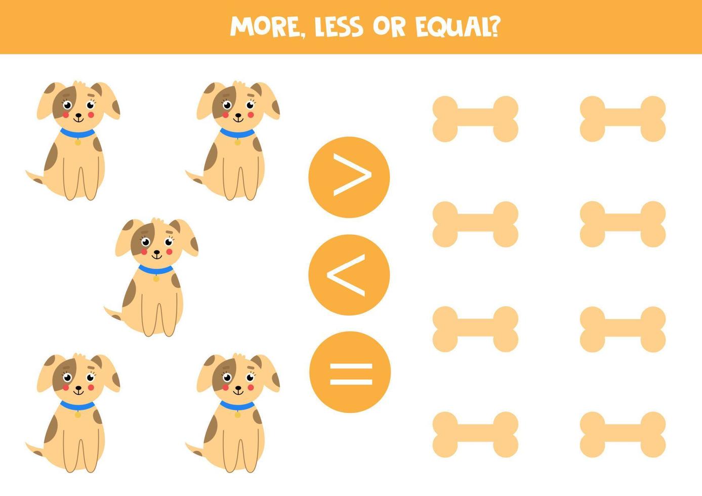 More, less or equal with cute dogs and bones. vector