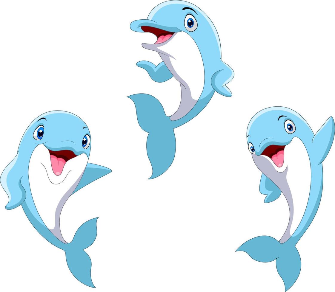 Cute cartoon funny dolphin set vector