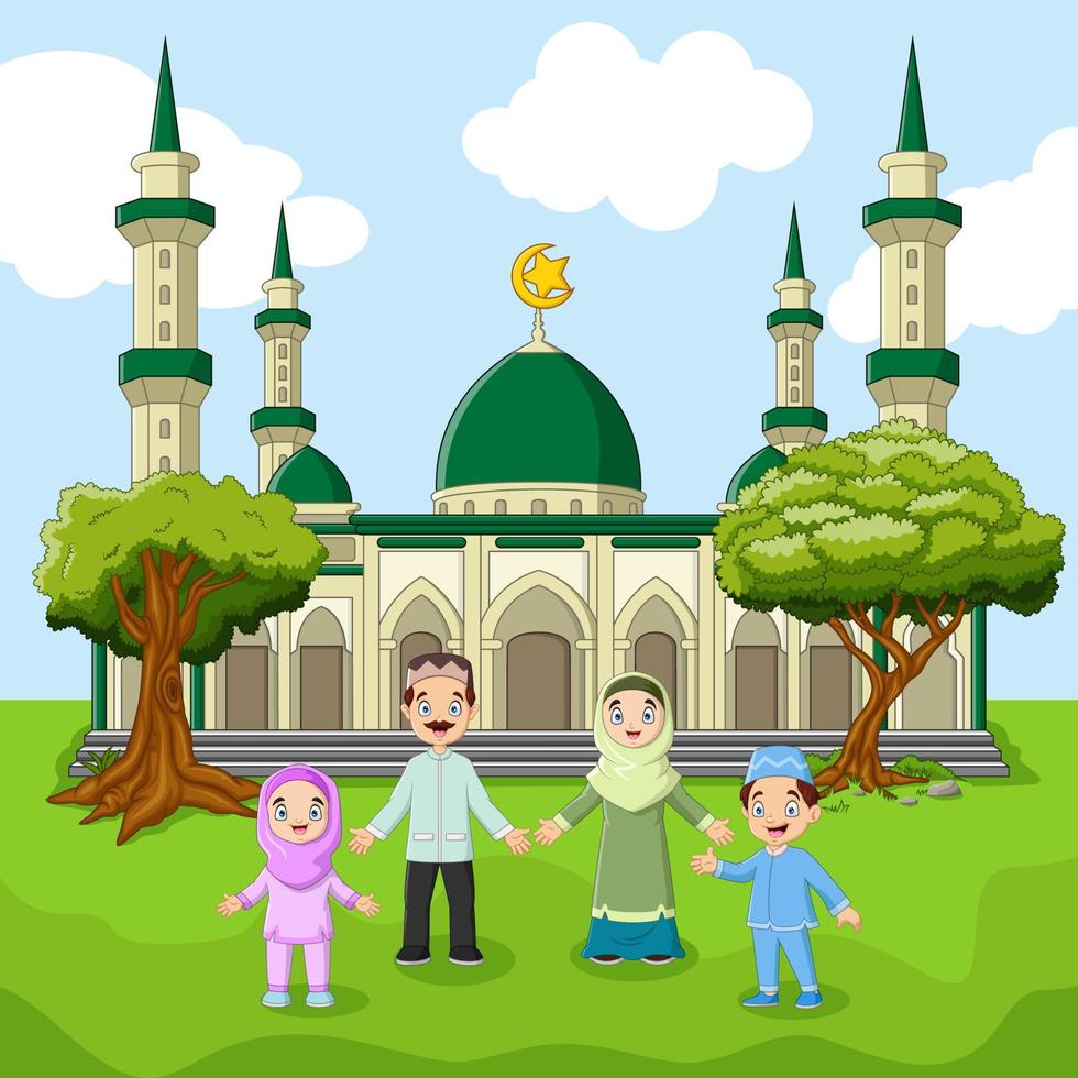 Family moslem standing in front of big Mosque vector