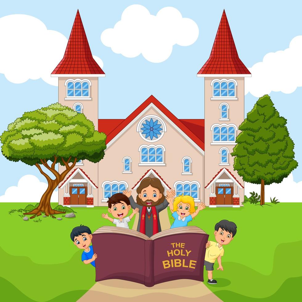 Jesús de dibujos animados con niños en una iglesia. vector