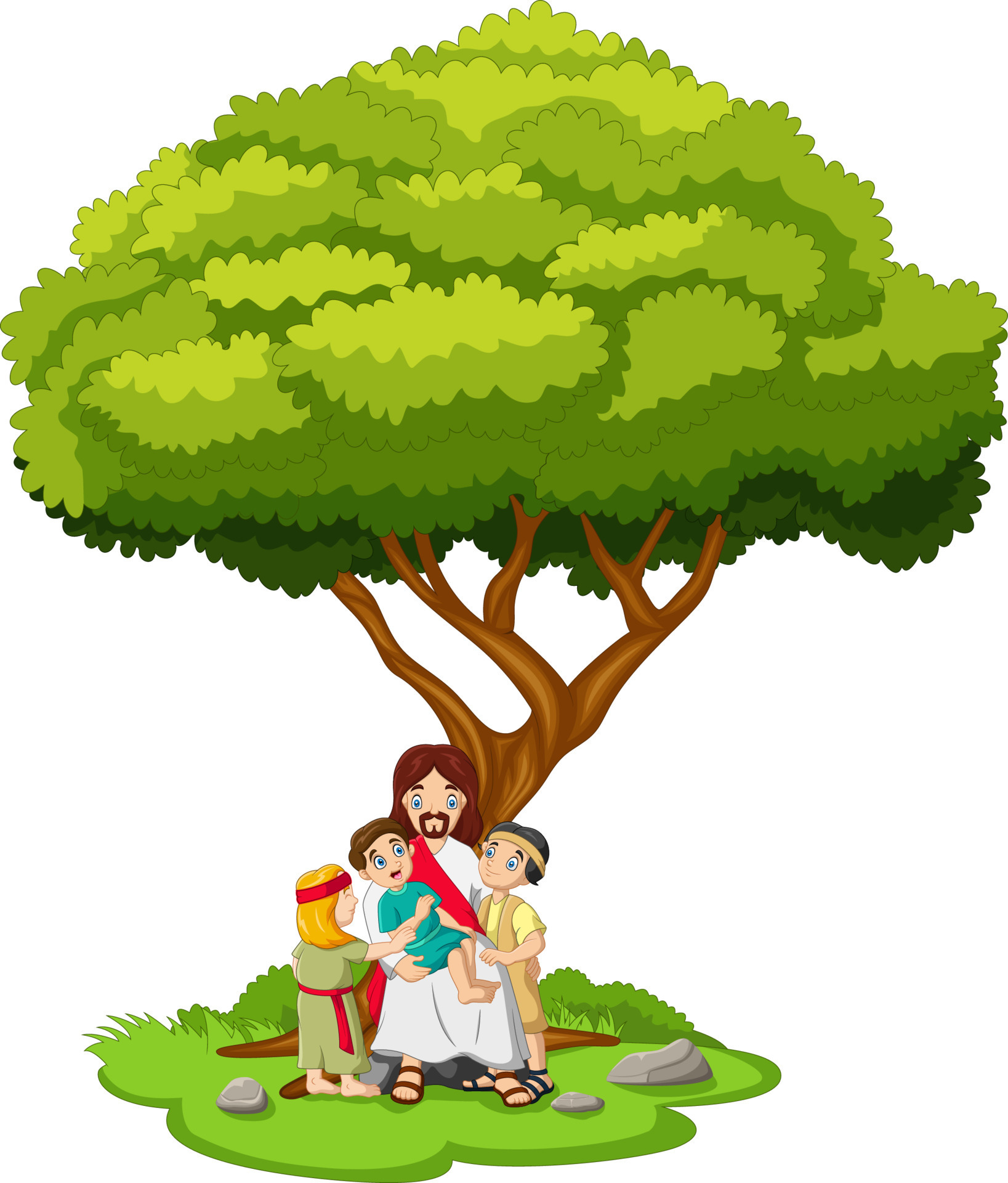 Cartoon Jesus is sitting under a tree with kids 17081199 Vector Art at  Vecteezy