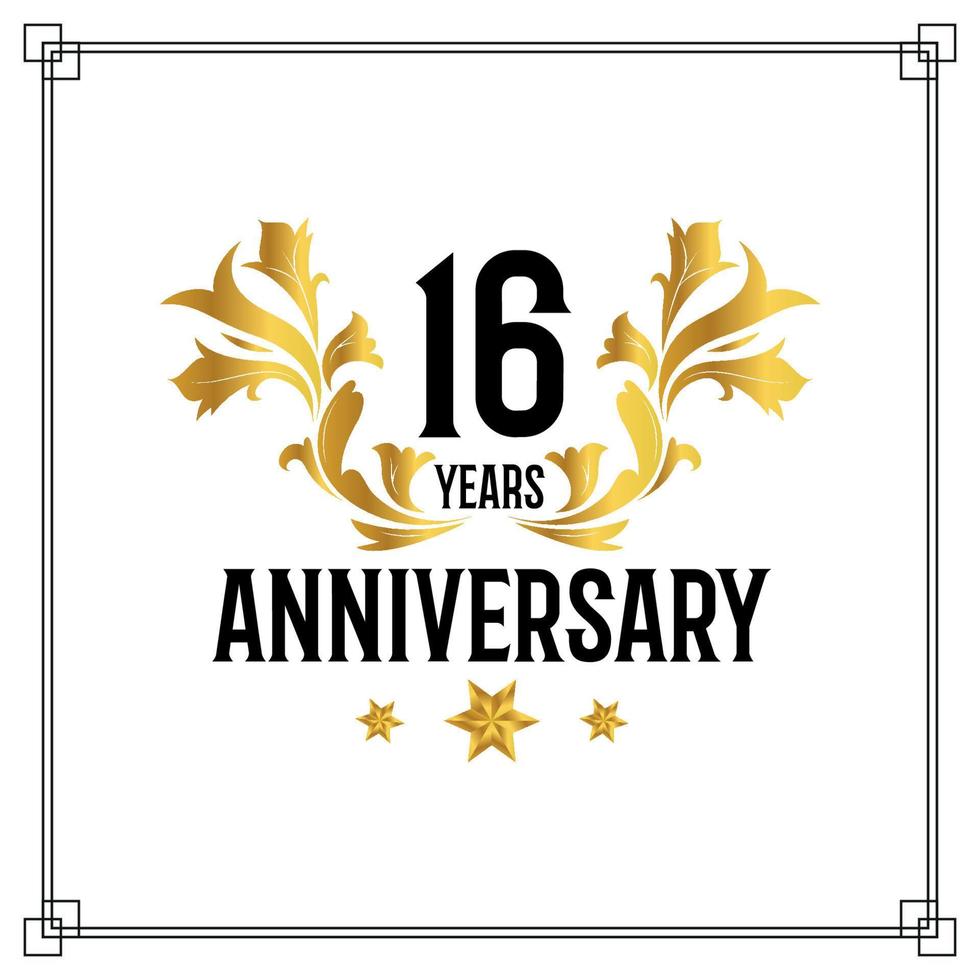 16th anniversary logo, luxurious golden and black color vector design celebration.