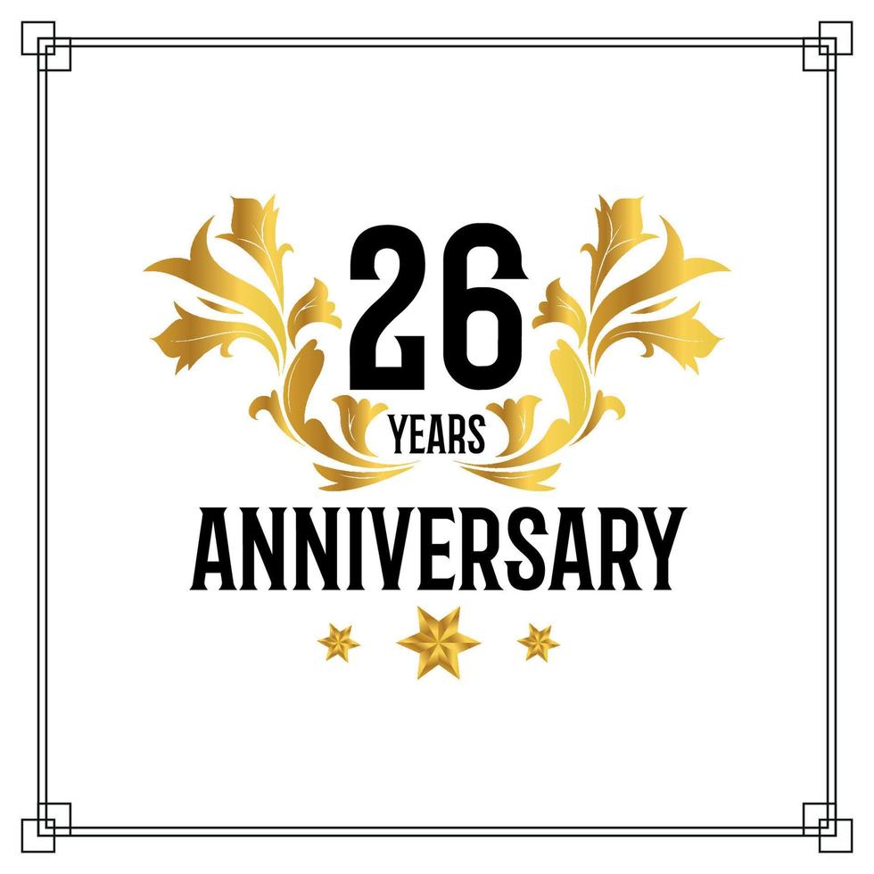 26th anniversary logo, luxurious golden and black color vector design celebration.