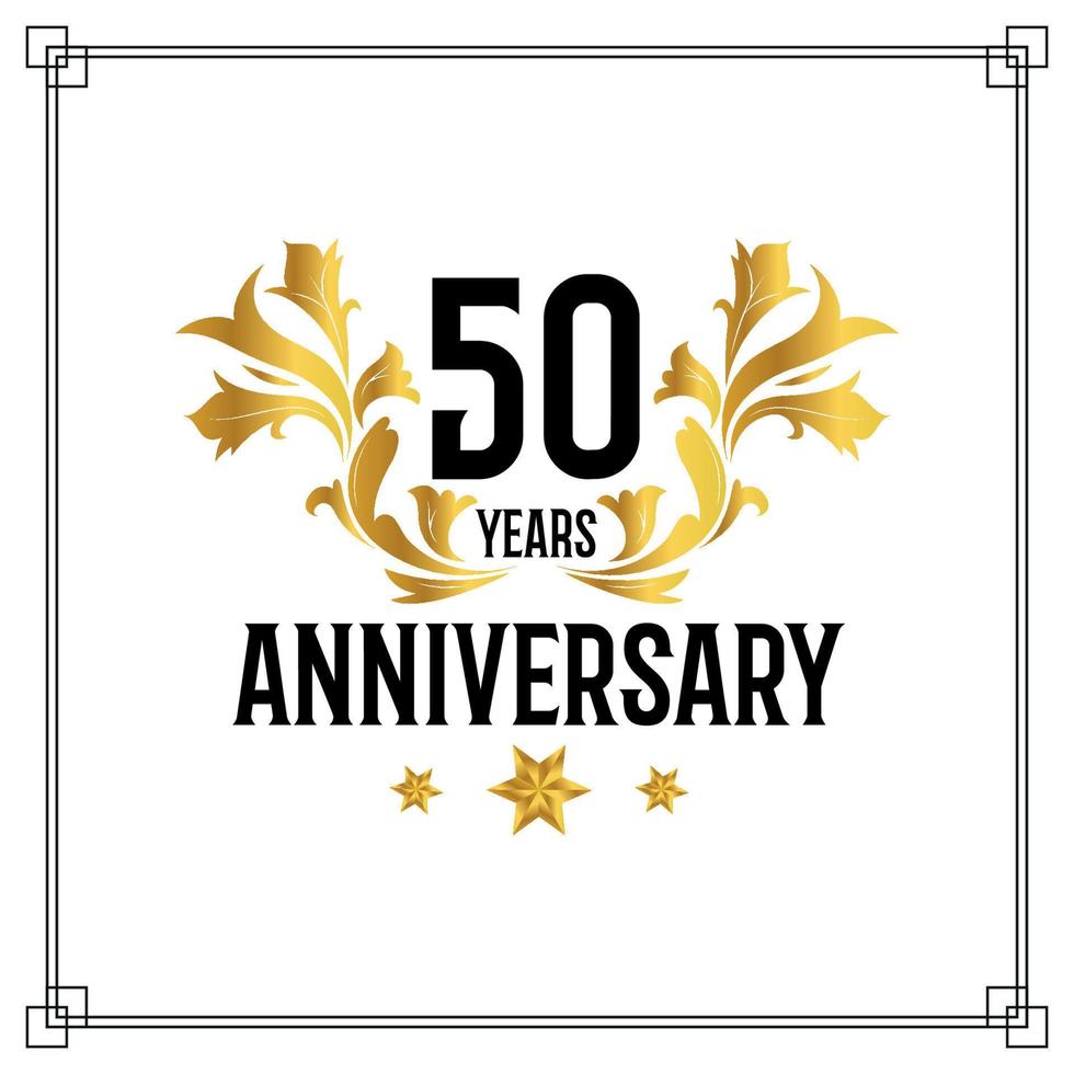 Logotipo del 50 aniversario, lujosa celebración de diseño vectorial de color dorado y negro. vector