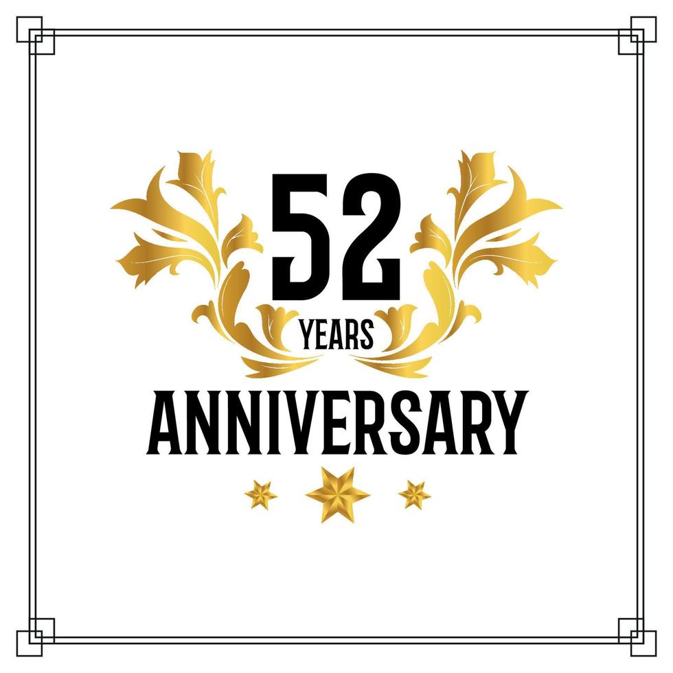 52nd anniversary logo, luxurious golden and black color vector design celebration.
