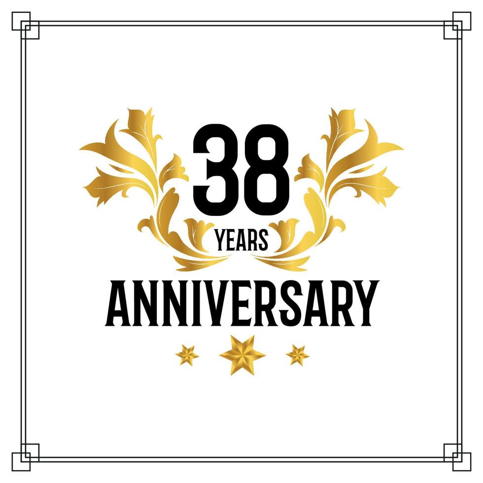 38th anniversary logo, luxurious golden and black color vector design celebration.