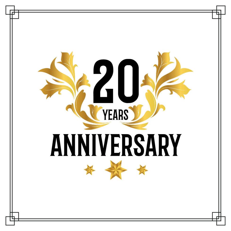 Logotipo del 20º aniversario, lujosa celebración de diseño vectorial de color dorado y negro. vector