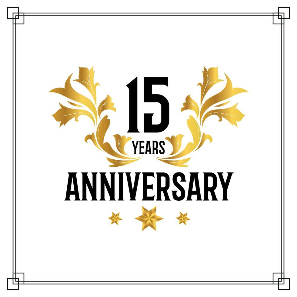 15th anniversary logo, luxurious golden and black color vector design celebration.