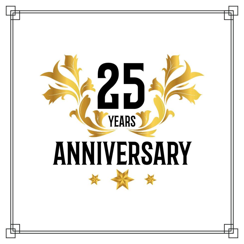 25th anniversary logo, luxurious golden and black color vector design celebration.