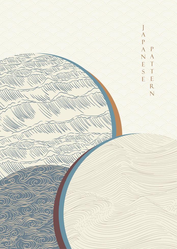 Hand drawn ocean sea background with Japanese wave pattern vector. Geometric banner design in vintage style. vector