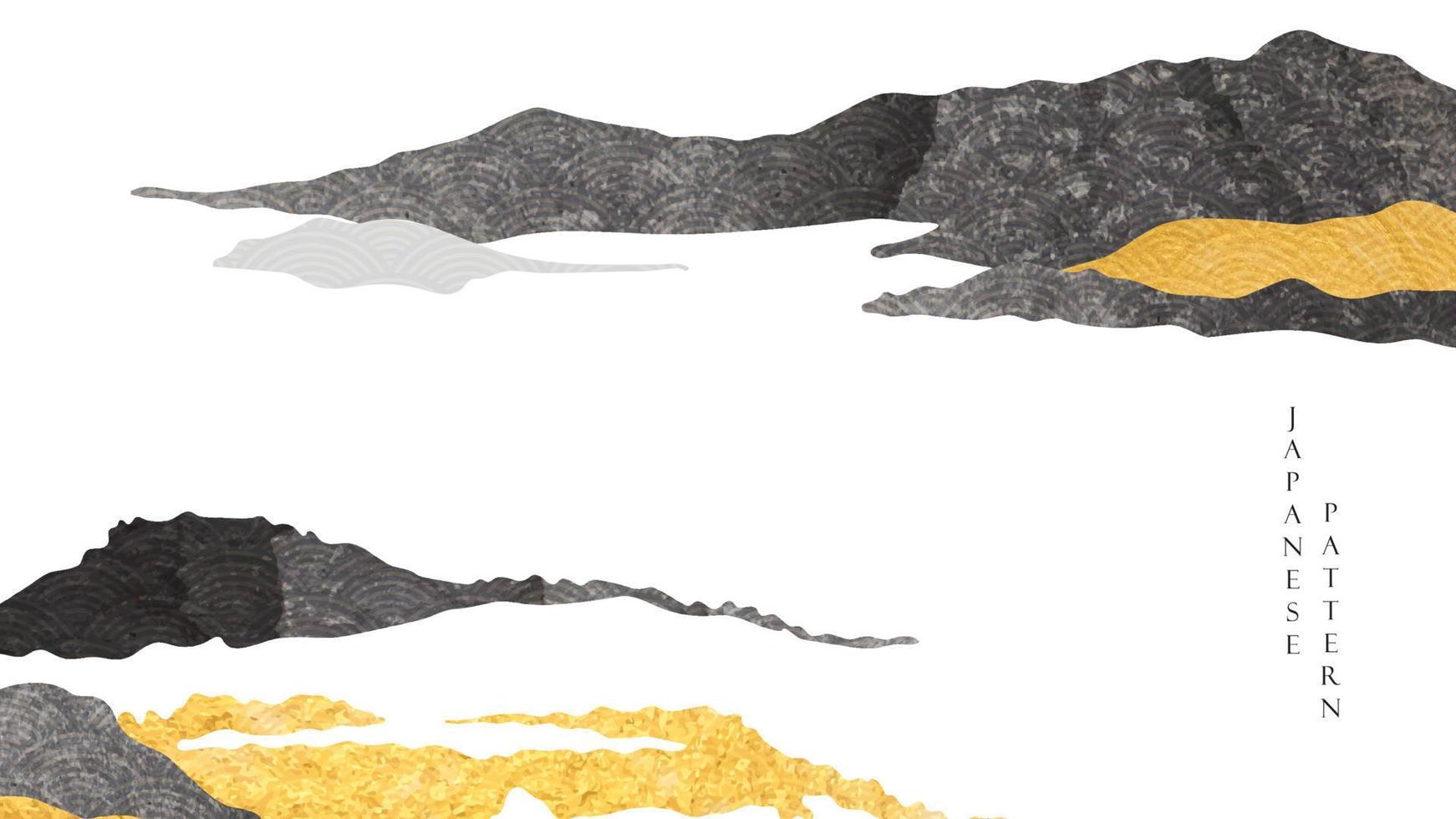 paisaje abstracto con vector de patrón de onda japonés. fondo de arte natural con plantilla de bosque de montaña en estilo vintage. textura dorada y negra.