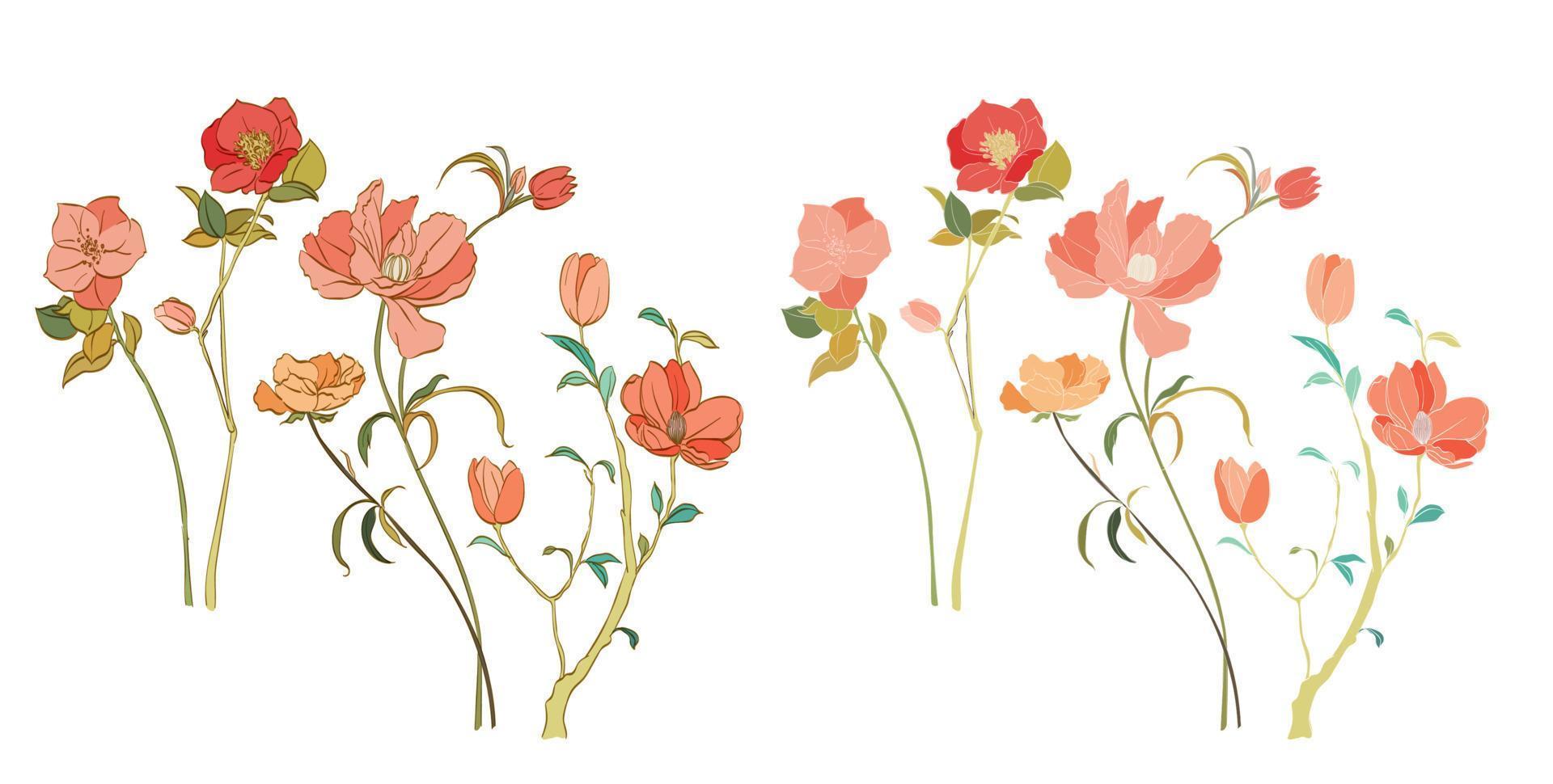 conjunto botánico de vector de plantas florales de jardín. preciosas flores aisladas sobre fondo blanco. Ilustración de vector plano colorido. línea dibujada a mano.