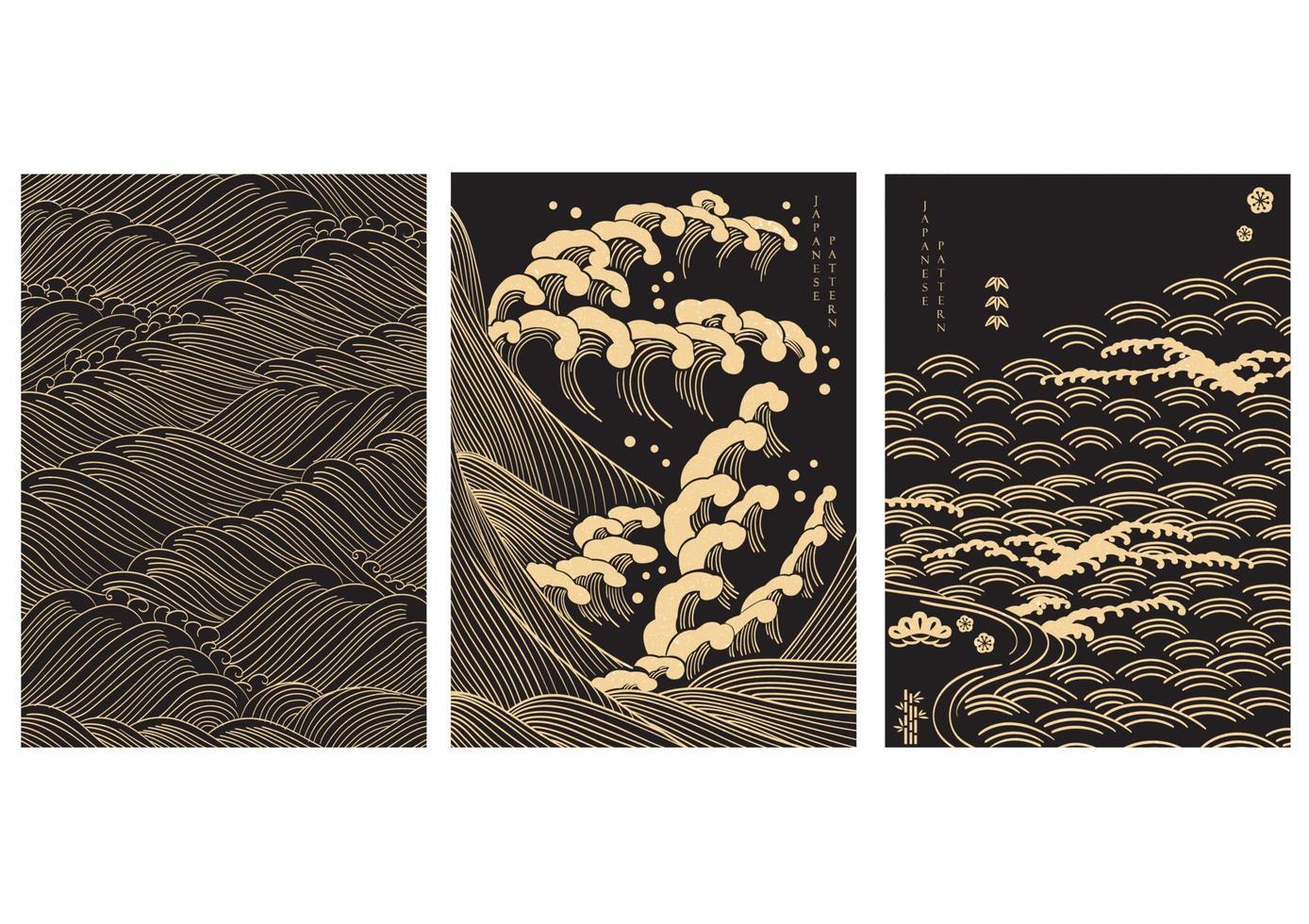 fondo japonés con textura dorada en vector de mar de onda dibujado a mano. decoración tradicional asiática con patrón de línea abstracta. diseño de plantilla
