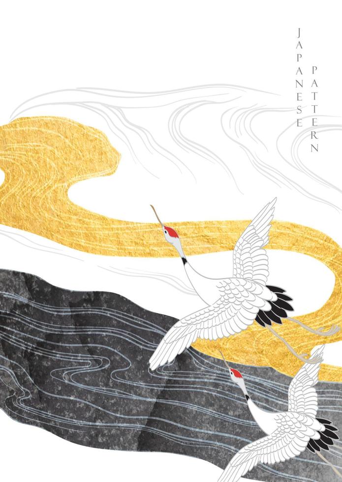 fondo japonés con vector de pájaros anhelantes. plantilla de paisaje abstracto con elementos de onda dibujados a mano en estilo vintage. textura dorada y negra en estilo vintage.