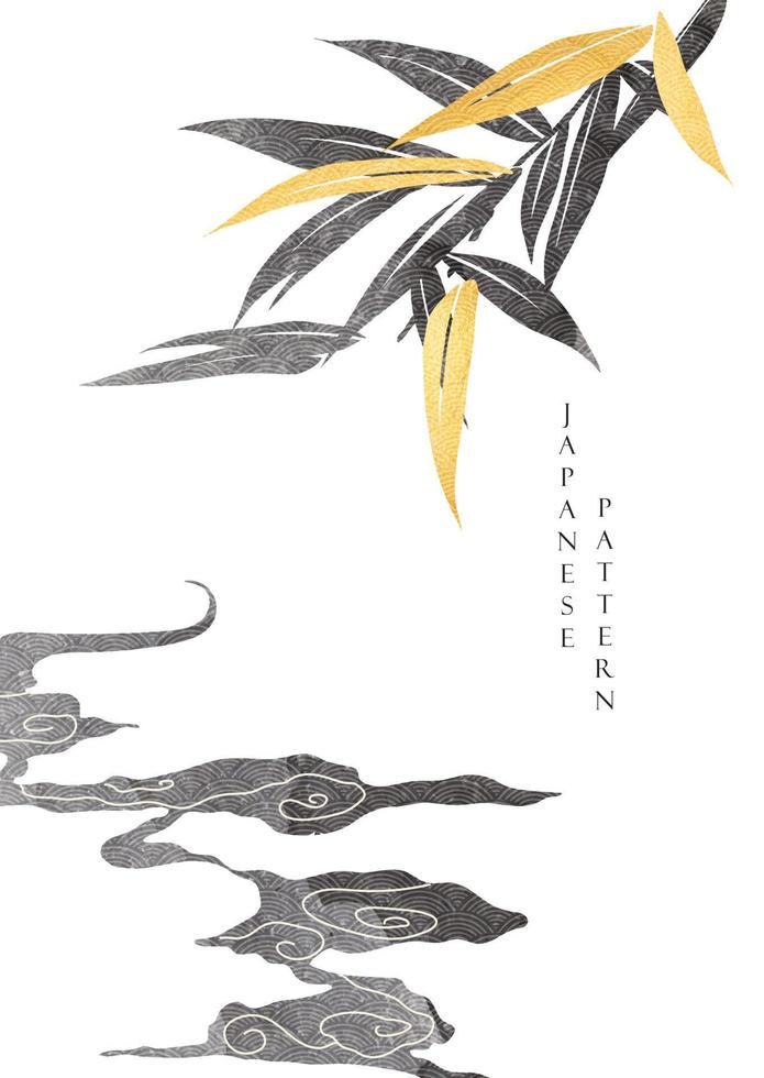 Japanese background with bamboo leaf and cloud vector. Natural banner design with wave pattern in vintage style. Gold and black texture. vector