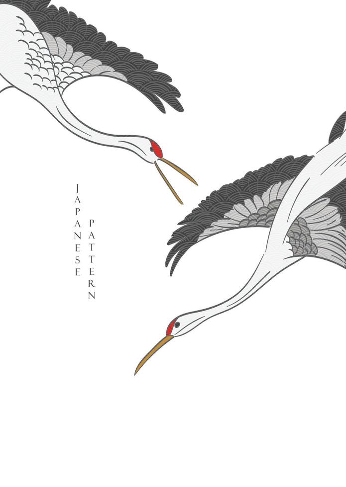 Crane birds hand drawn decoration with Japanese wave pattern vector. Asia traditional background. vector