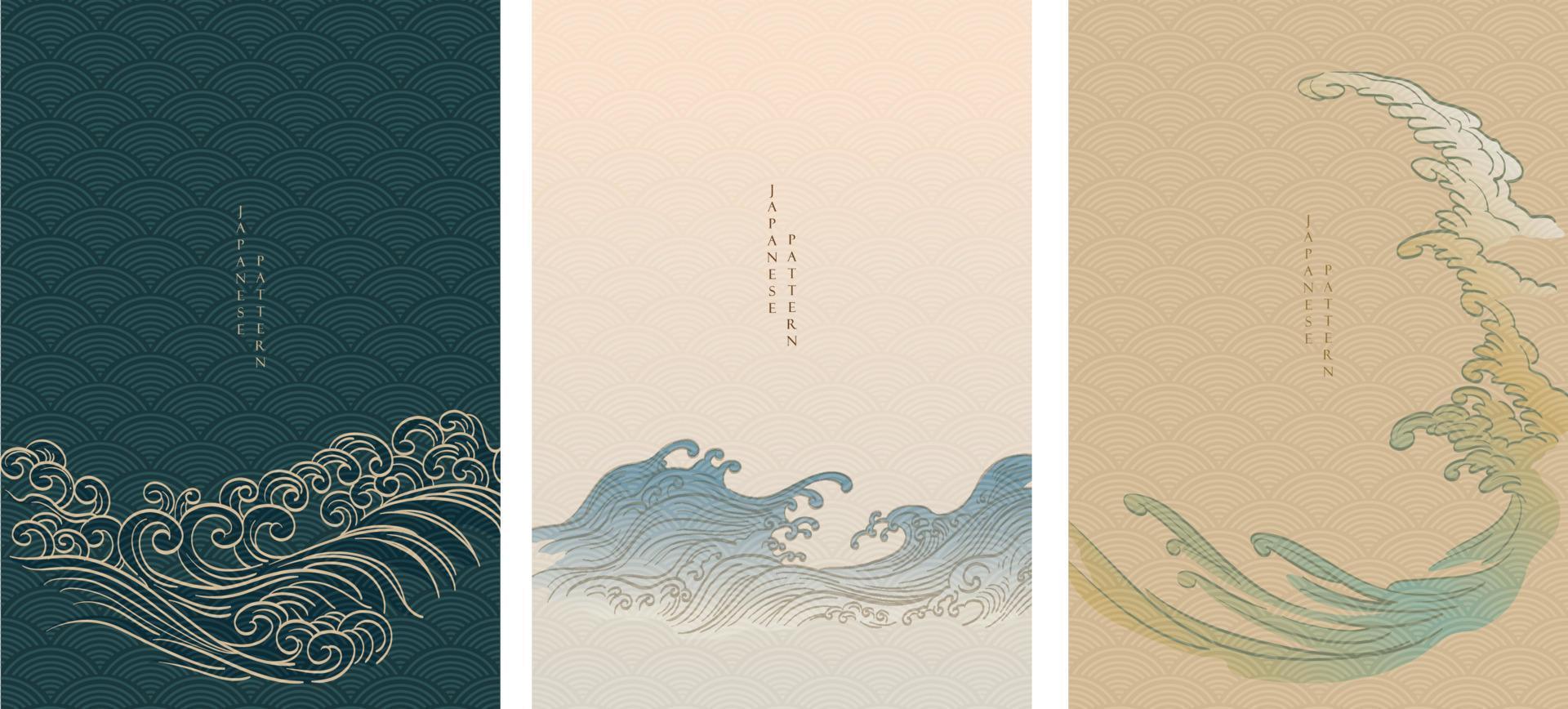 Japanese background with line pattern vector. Abstract landscape template with hand drawn wave elements in vintage style. vector