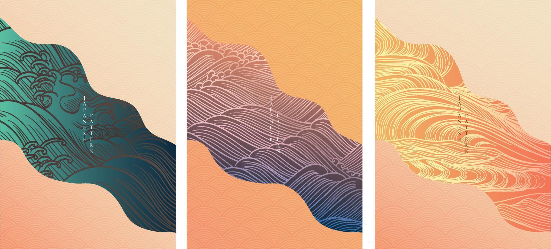 Japanese background with line pattern vector. Abstract landscape template with hand drawn wave decoration in vintage style. vector