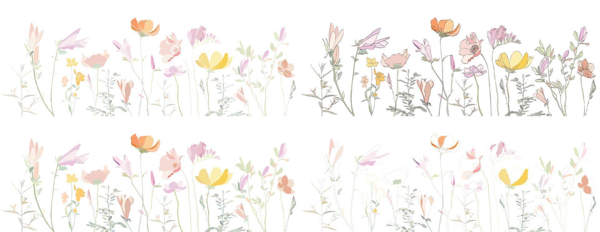 Nature floral illustration vector for design element and wedding vector. Line Hand Drawn Illustration. Black meadow of flowers, herbs isolated on white background. Botanical plant.