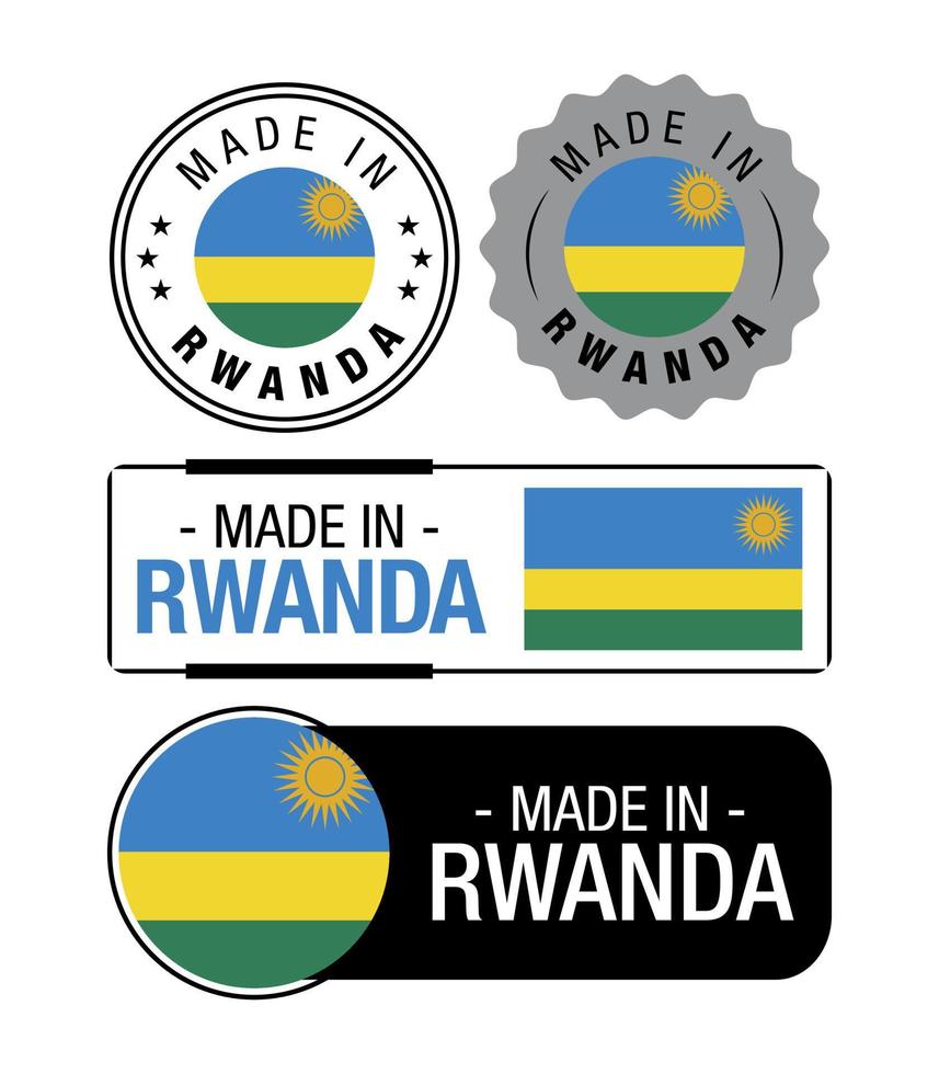 conjunto de etiquetas hechas en ruanda, logotipo, bandera de ruanda, emblema del producto de ruanda vector