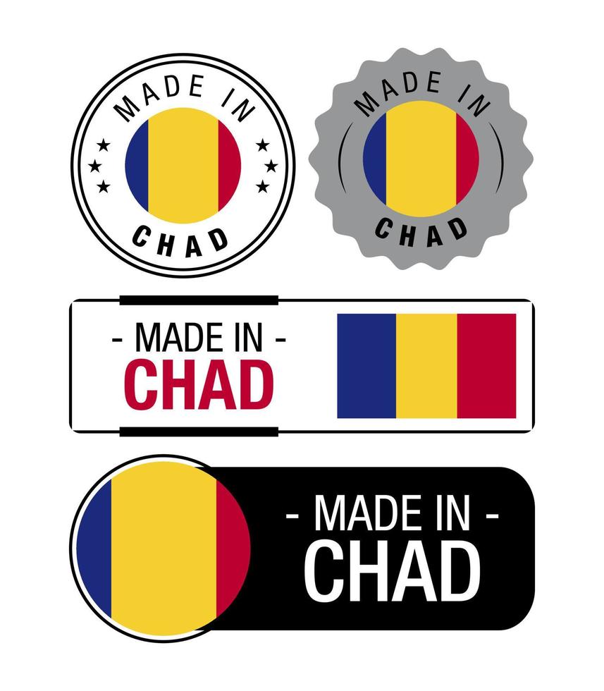 conjunto de etiquetas hechas en chad, logotipo, bandera de chad, emblema de producto de chad vector