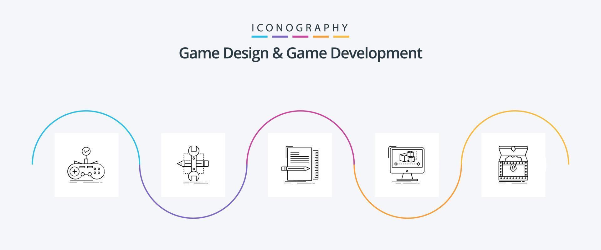 Game Design And Game Development Line 5 Icon Pack Including editor. animation. sketch. script. file vector