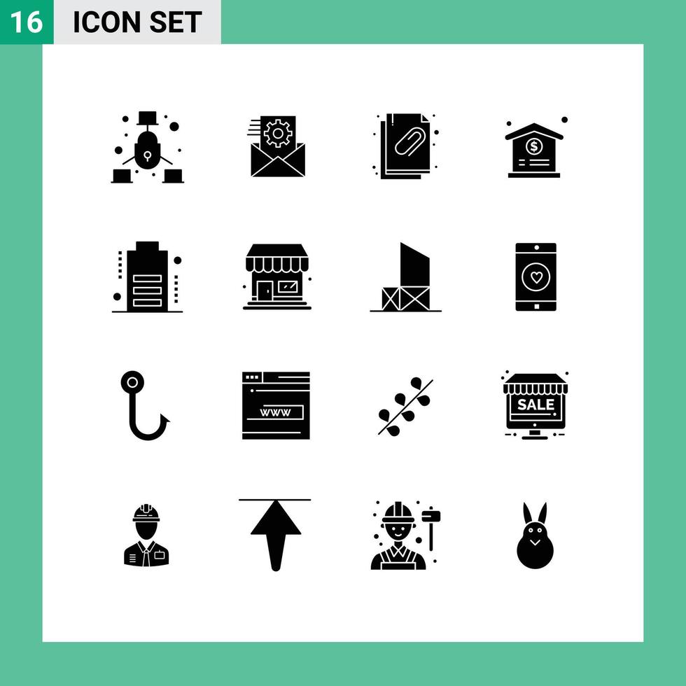 16 User Interface Solid Glyph Pack of modern Signs and Symbols of devices battery attached document hospital medical Editable Vector Design Elements