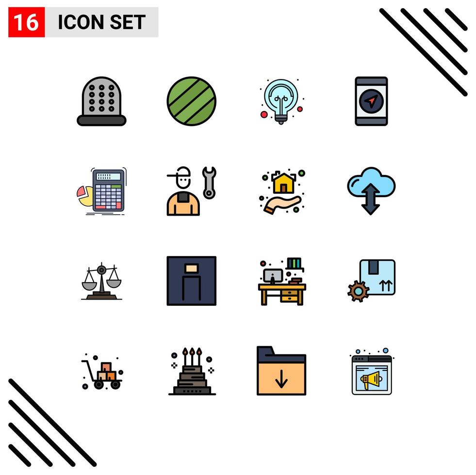 16 Thematic Vector Flat Color Filled Lines and Editable Symbols of mechanic avatar location graph math Editable Creative Vector Design Elements