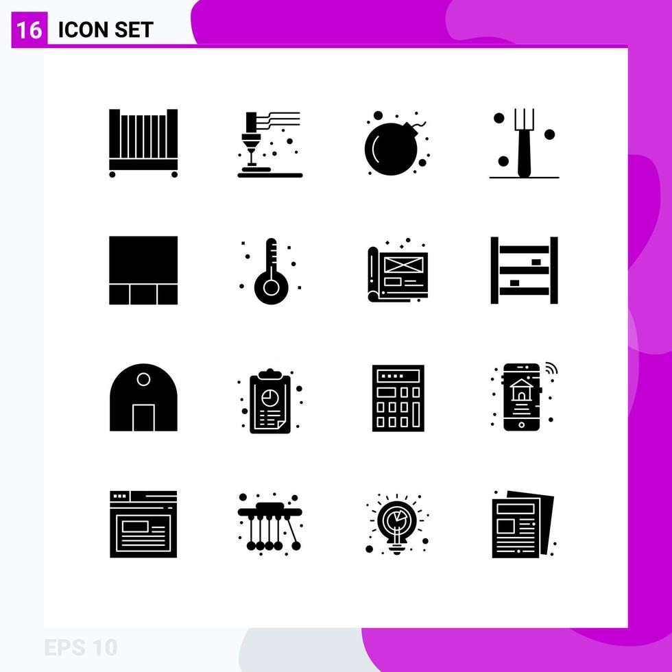 Pack of 16 Modern Solid Glyphs Signs and Symbols for Web Print Media such as form disease skull layout tableware Editable Vector Design Elements