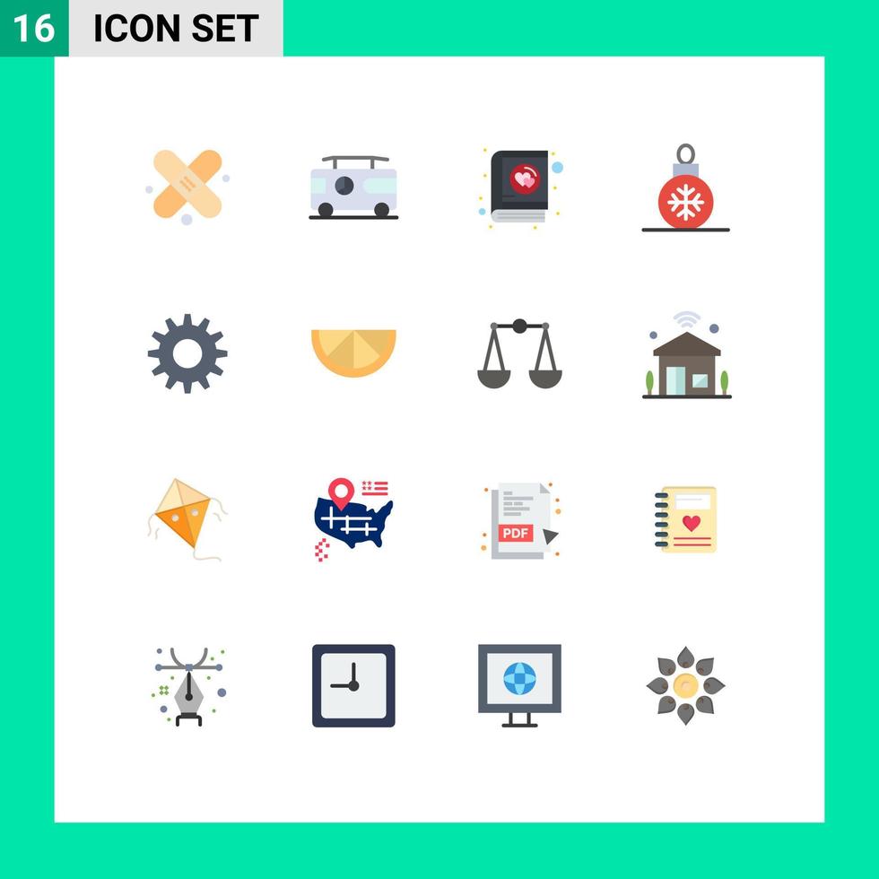 16 signos universales de color plano símbolos de configuración de engranajes amor decoración paquete editable de navidad de elementos creativos de diseño de vectores
