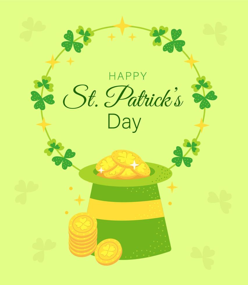 St Patrick's Day greeting card   green hat  and frame of clover and money and coins vector