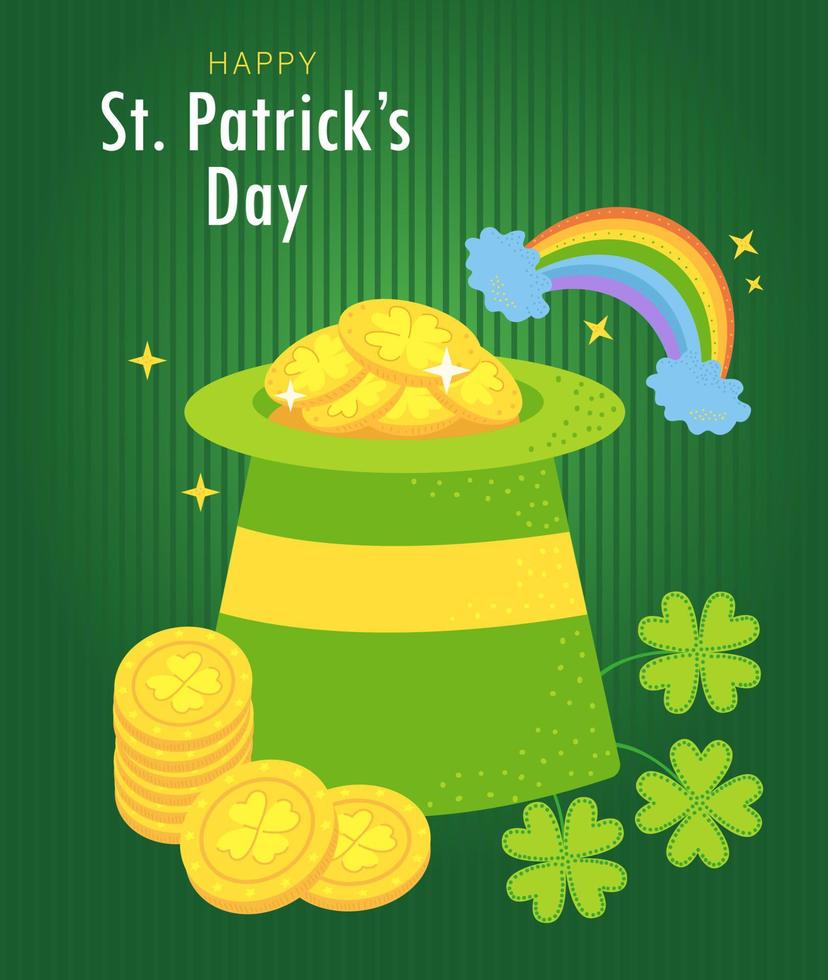 tarjeta de felicitación del día de san patricio sombrero verde y dinero y monedas y arco iris vector