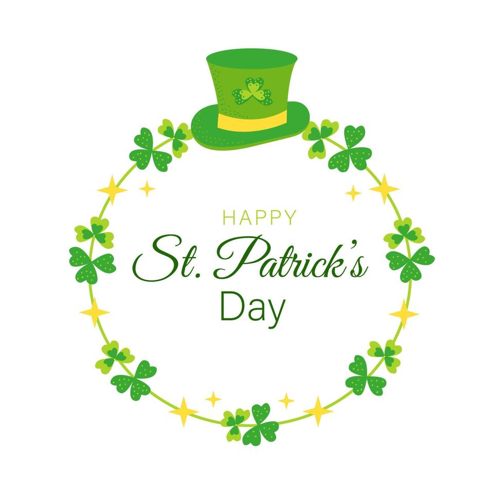 St Patrick's Day greeting card   green hat  and frame of clover and star vector