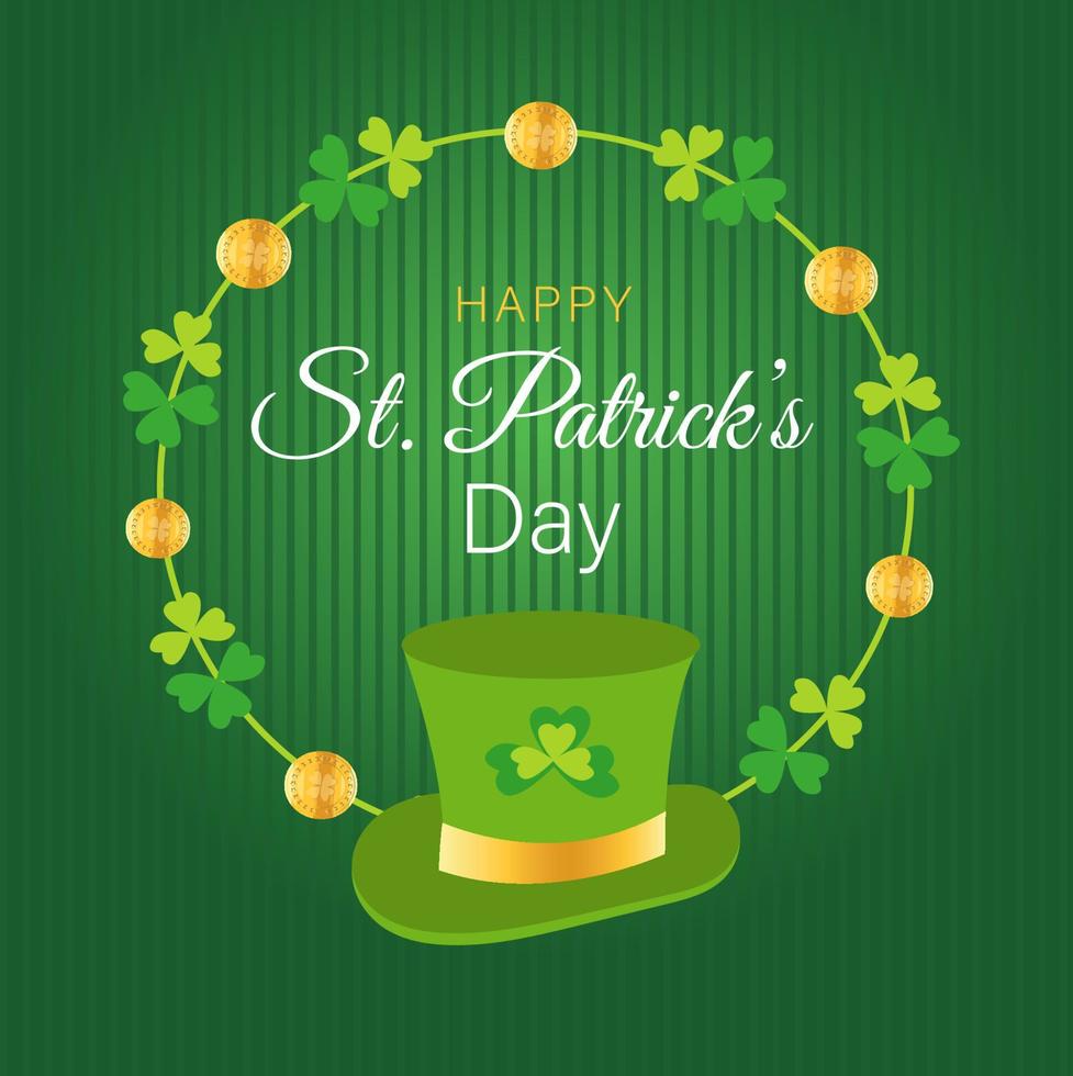 St Patrick's Day greeting card   green hat  and frame of clover and money and coins and rainbow vector