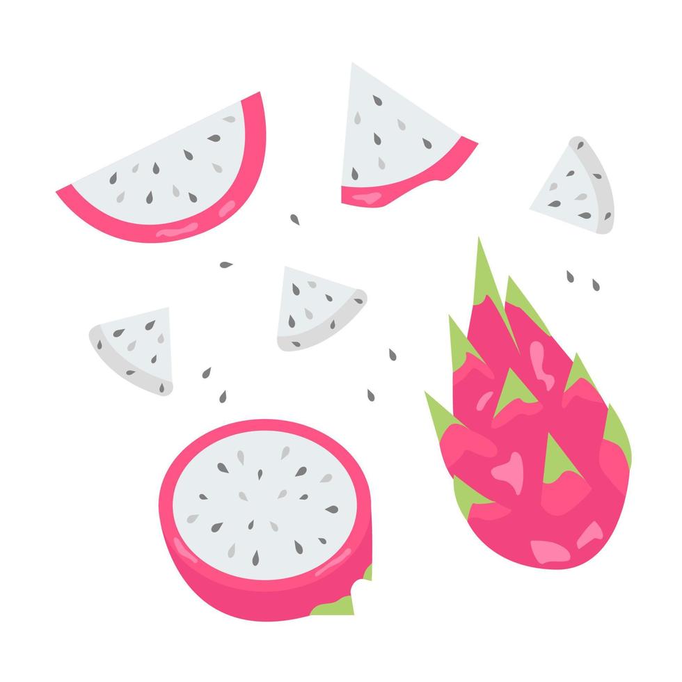 conjunto de pitahaya y trozos de fruta de dragón sobre fondo aislado vector