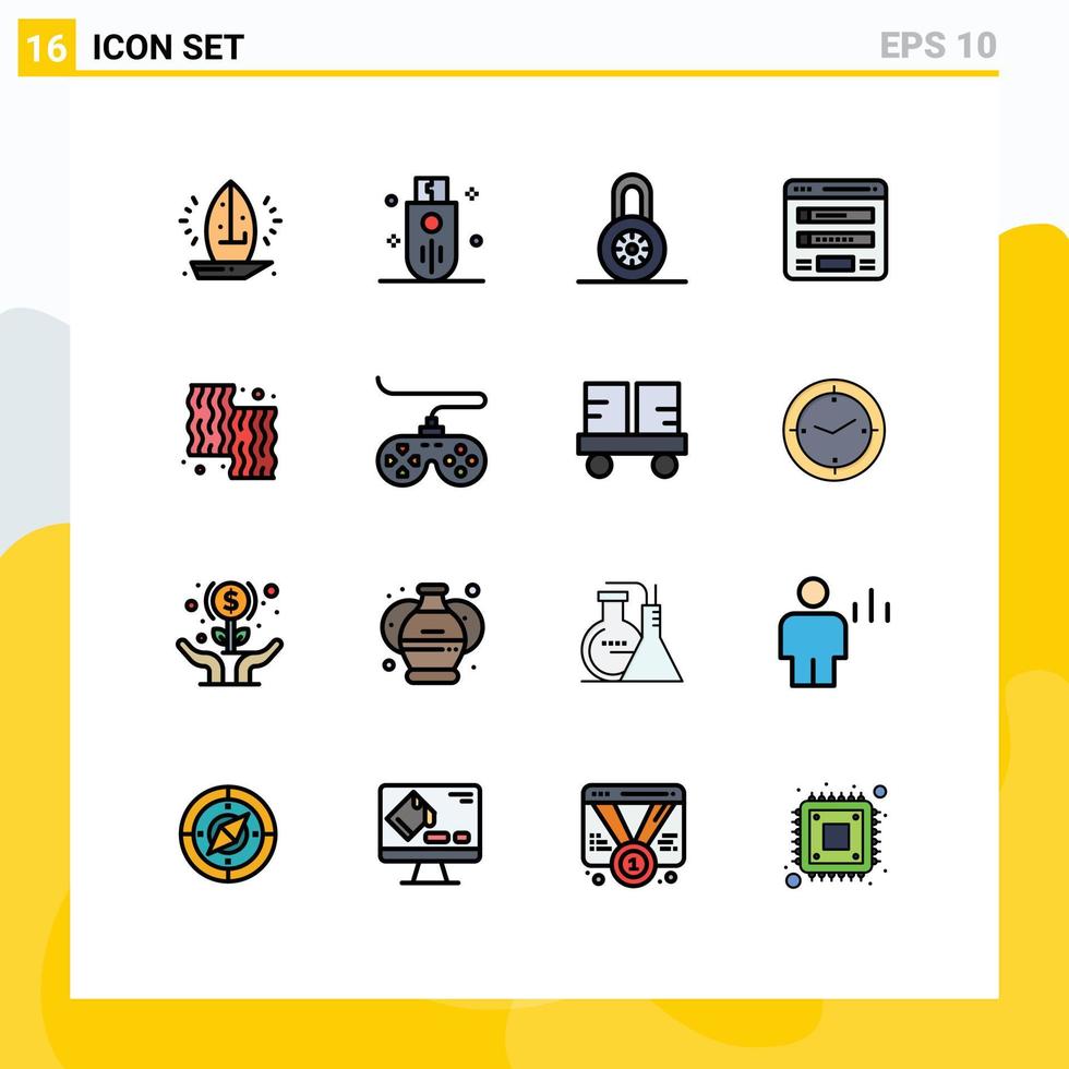 Modern Set of 16 Flat Color Filled Lines Pictograph of web login stick form protection Editable Creative Vector Design Elements